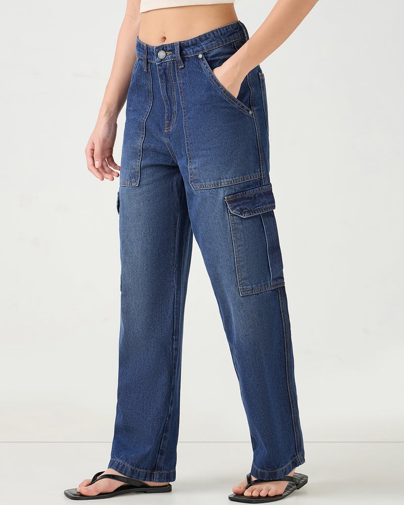 bewakoof Women's Dark Blue Washed Straight Fit Cargo Jeans - Image 2